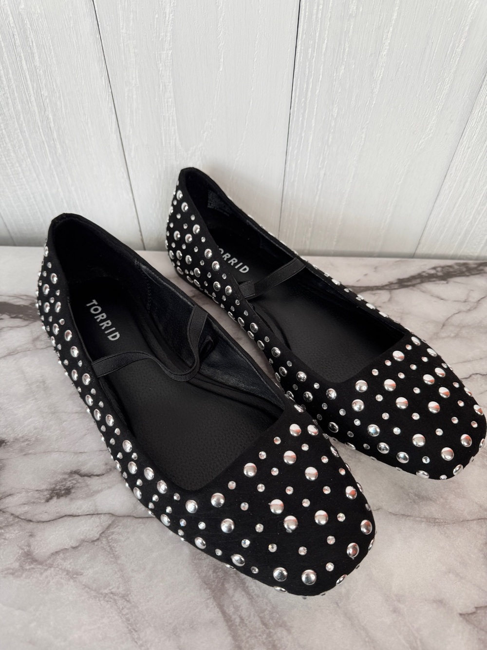 Torrid Black Studded Rhinestone Ballet Flats Wide Width Mary Jane Elastic Strap